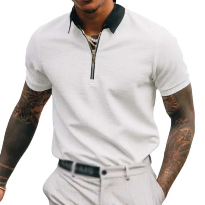 Zipper-Neck Contrasting Polo Shirt